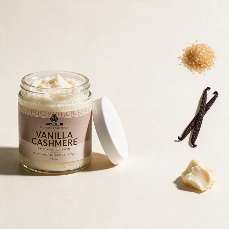 Kokoualush Vanilla Cashmere Body Scrub key ingredients cane sugar, vanilla and shea butter