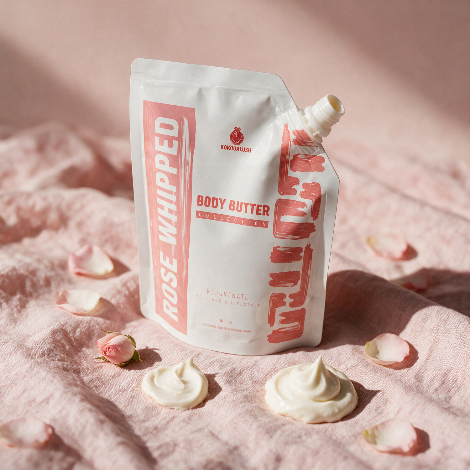 How to use Kokoualush Rose Whipped body butter: pouch squeezing a butter swirl with rose petals