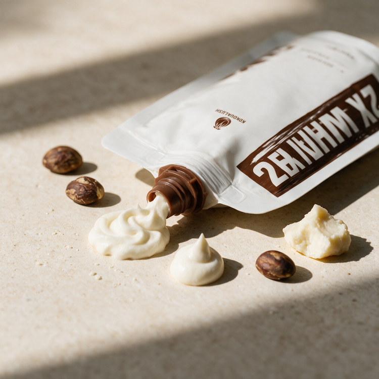 How to use Kokoualush Double Whipped body butter: 2X Whipped pouch squeezing a butter swirl