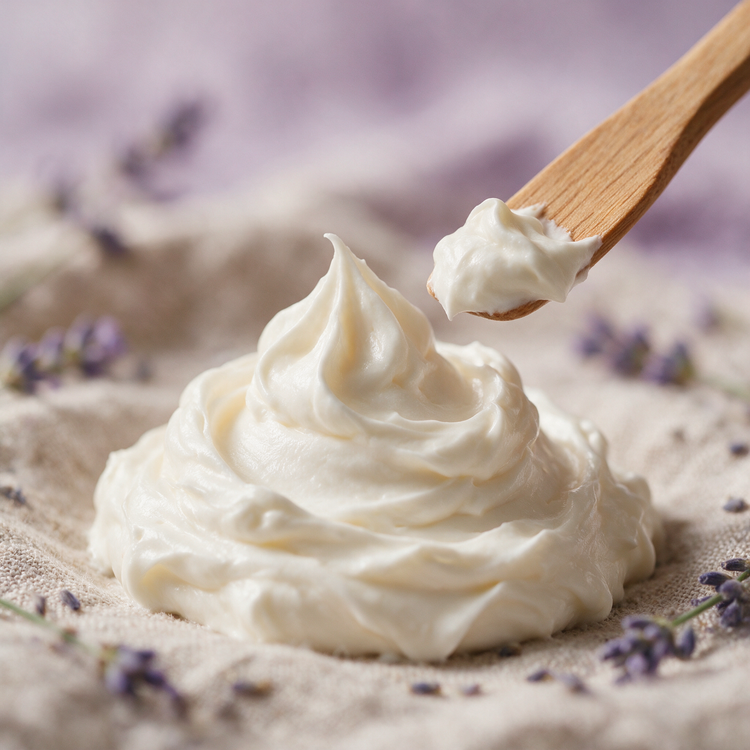 Kokoualush Lavender body butter soft swirl on oatmeal linen with lavender sprigs