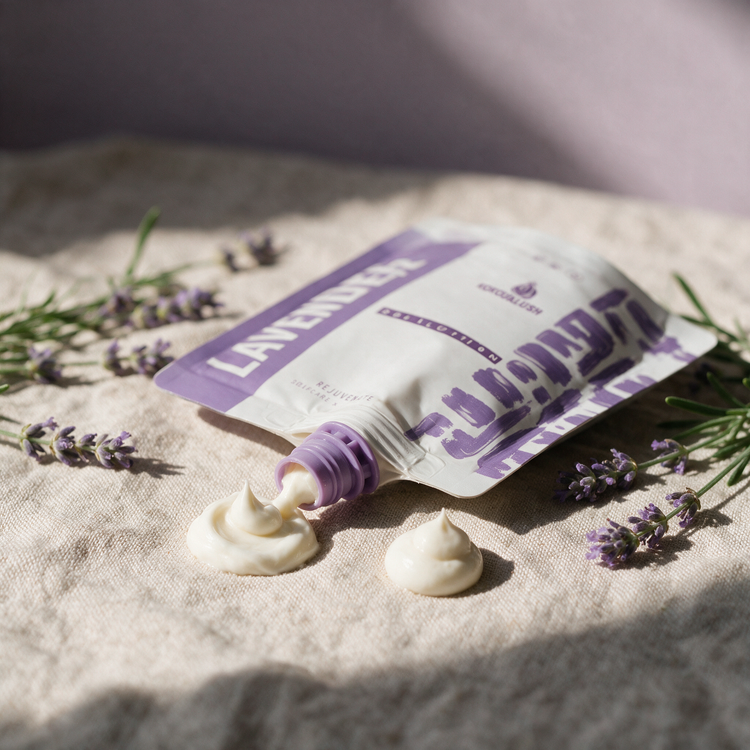 How to use Kokoualush Lavender body butter: pouch squeezing a butter swirl with lavender