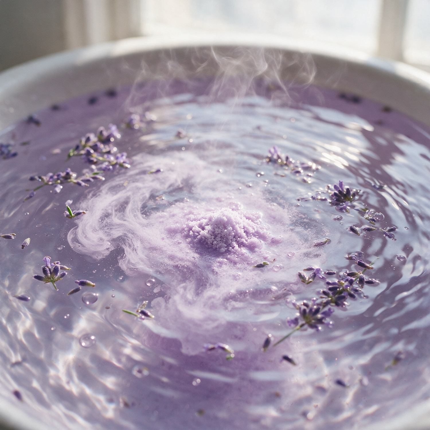 Lavender bath salts dissolving in steamy water with floating lavender