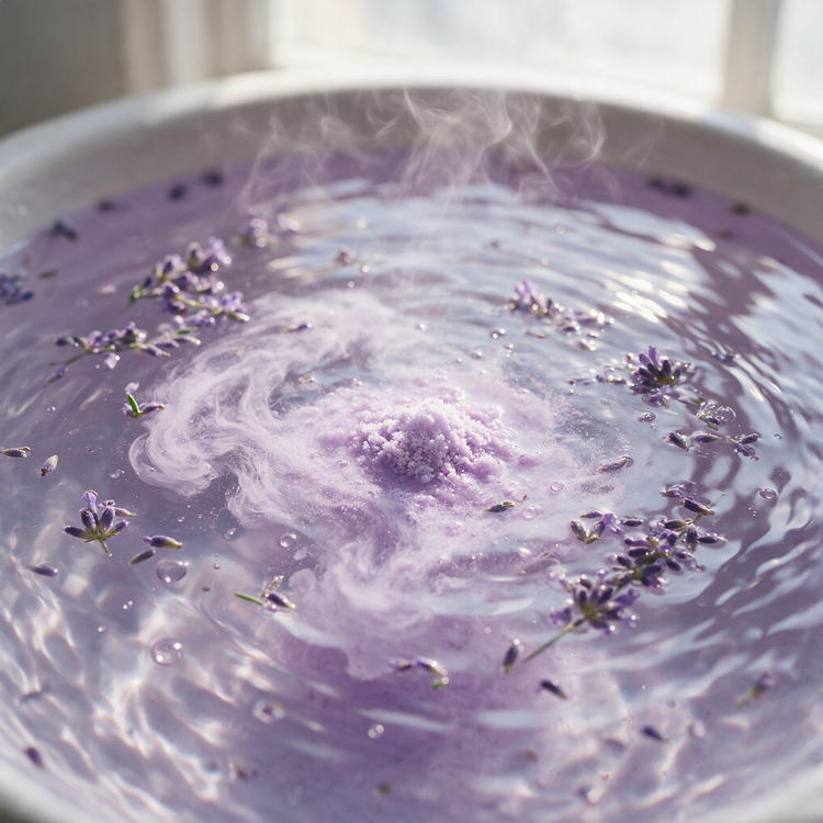 Lavender bath salts dissolving in steamy water with floating lavender