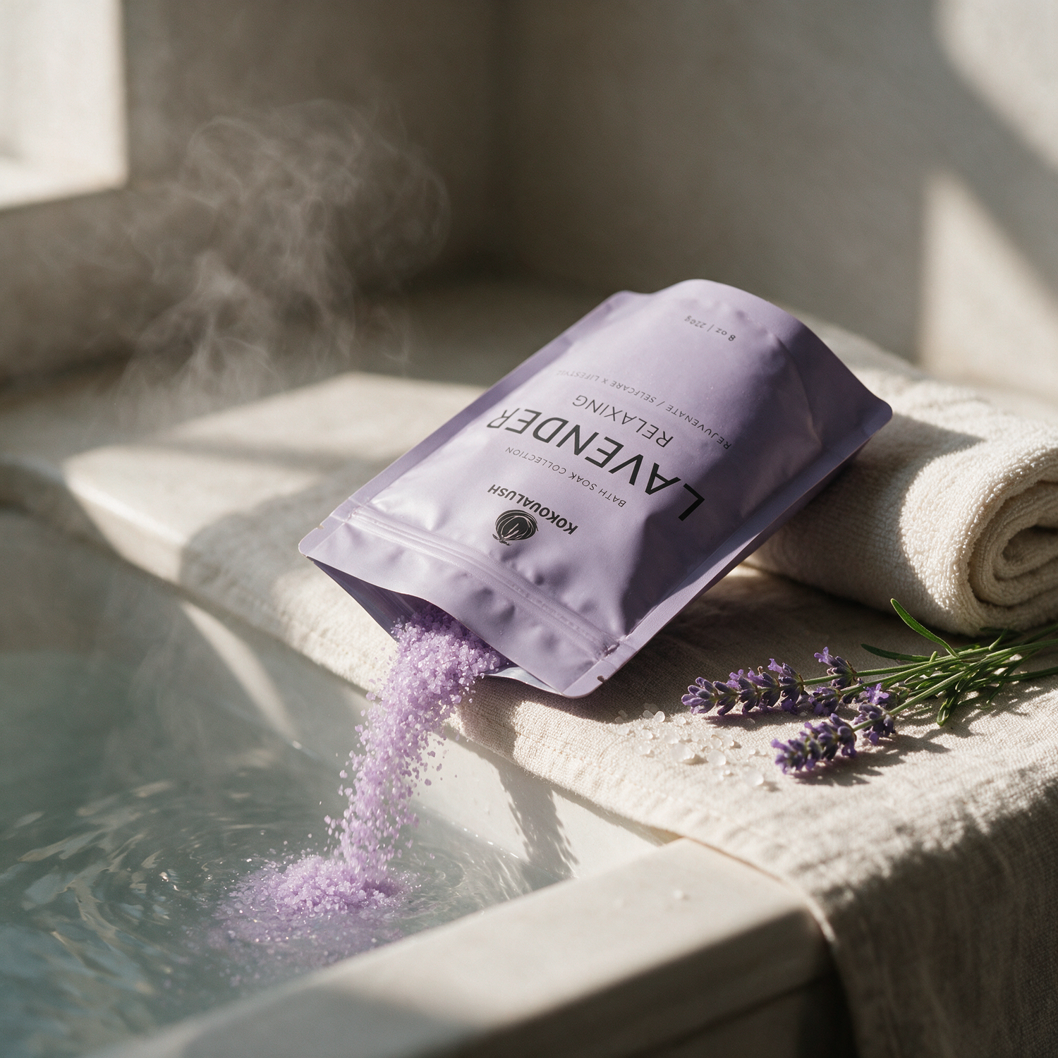 Pouring Kokoualush Lavender bath soak into a warm steamy bath