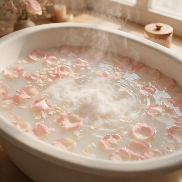 Rose petals and coconut floating in a warm milky bath with dissolving salts