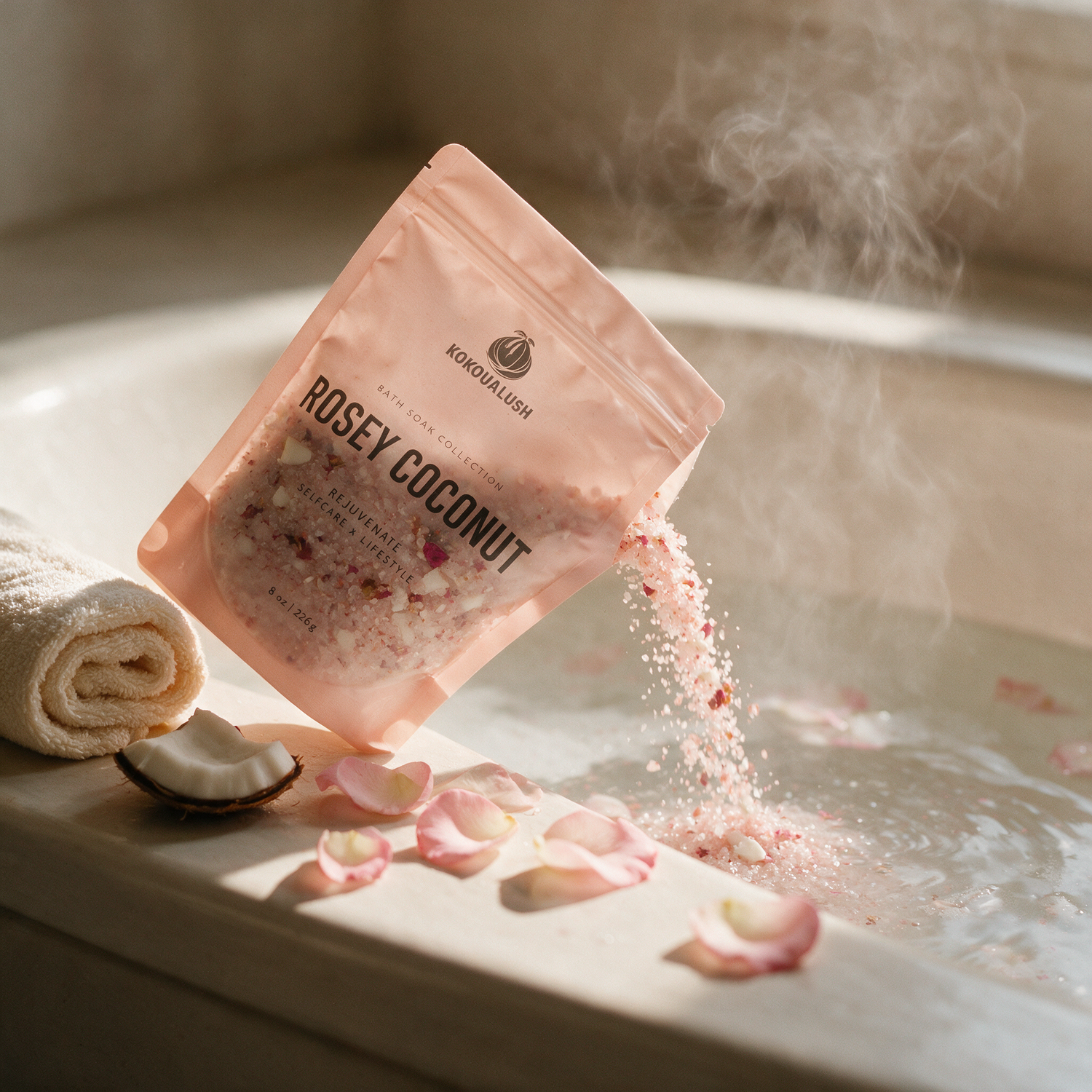 Pouring Kokoualush Rosey Coconut bath soak into a warm steamy bath
