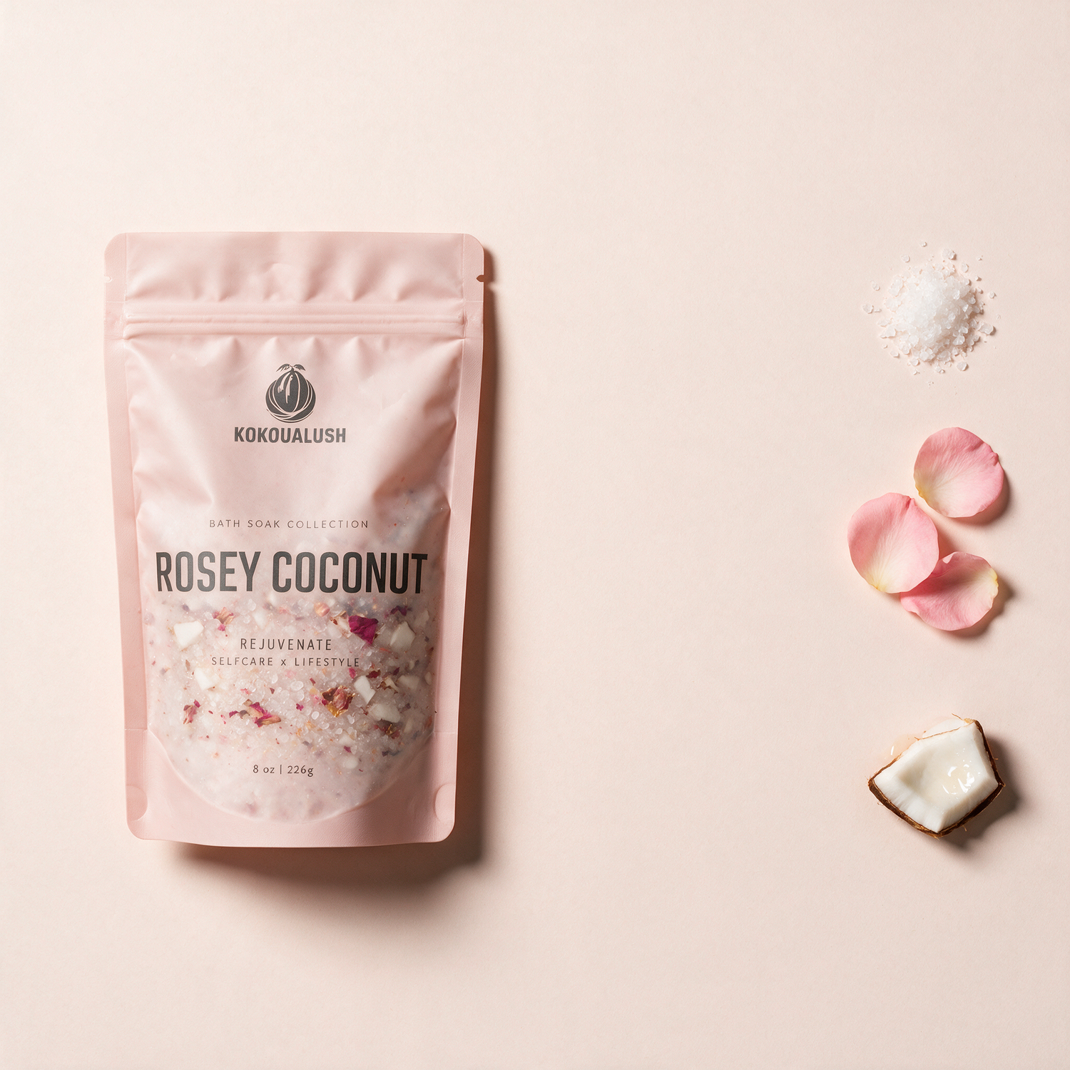 Kokoualush Rosey Coconut bath soak ingredients sea salt, rose petals and coconut