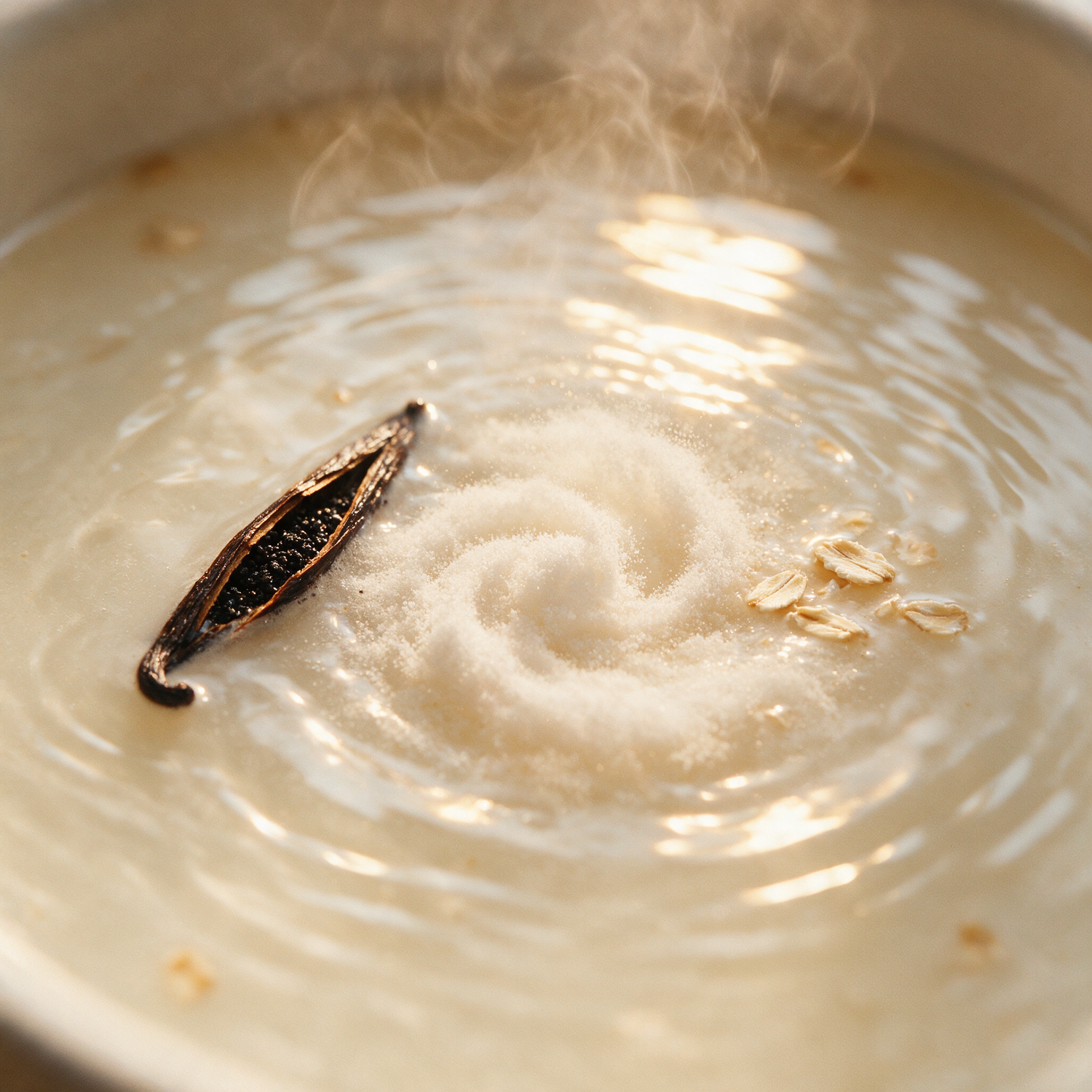 Creamy vanilla bath water with a vanilla pod floating and dissolving salts