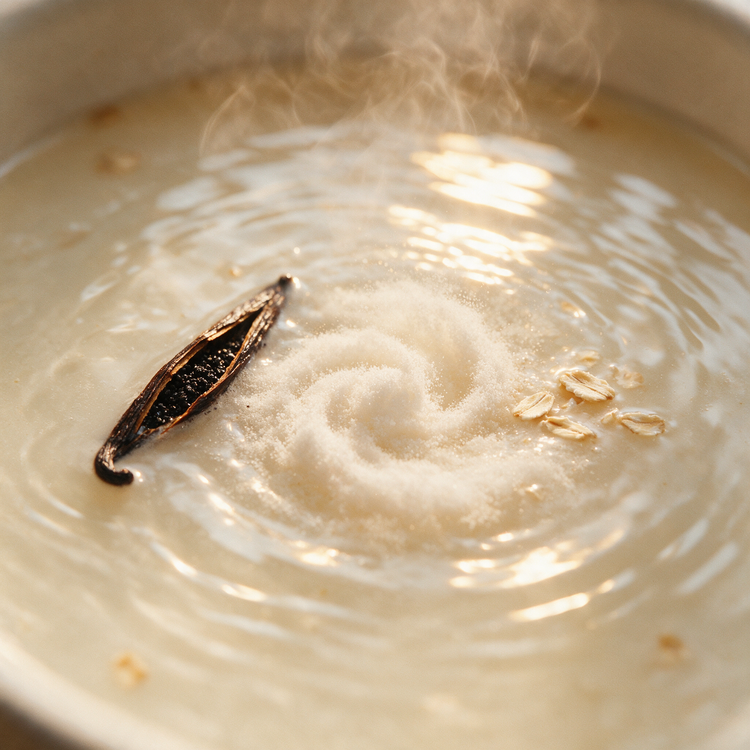 Creamy vanilla bath water with a vanilla pod floating and dissolving salts