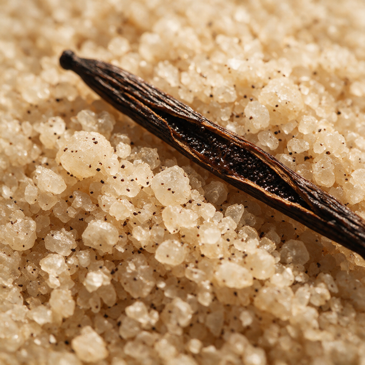 Macro of warm cream vanilla bath salts with vanilla bean specks