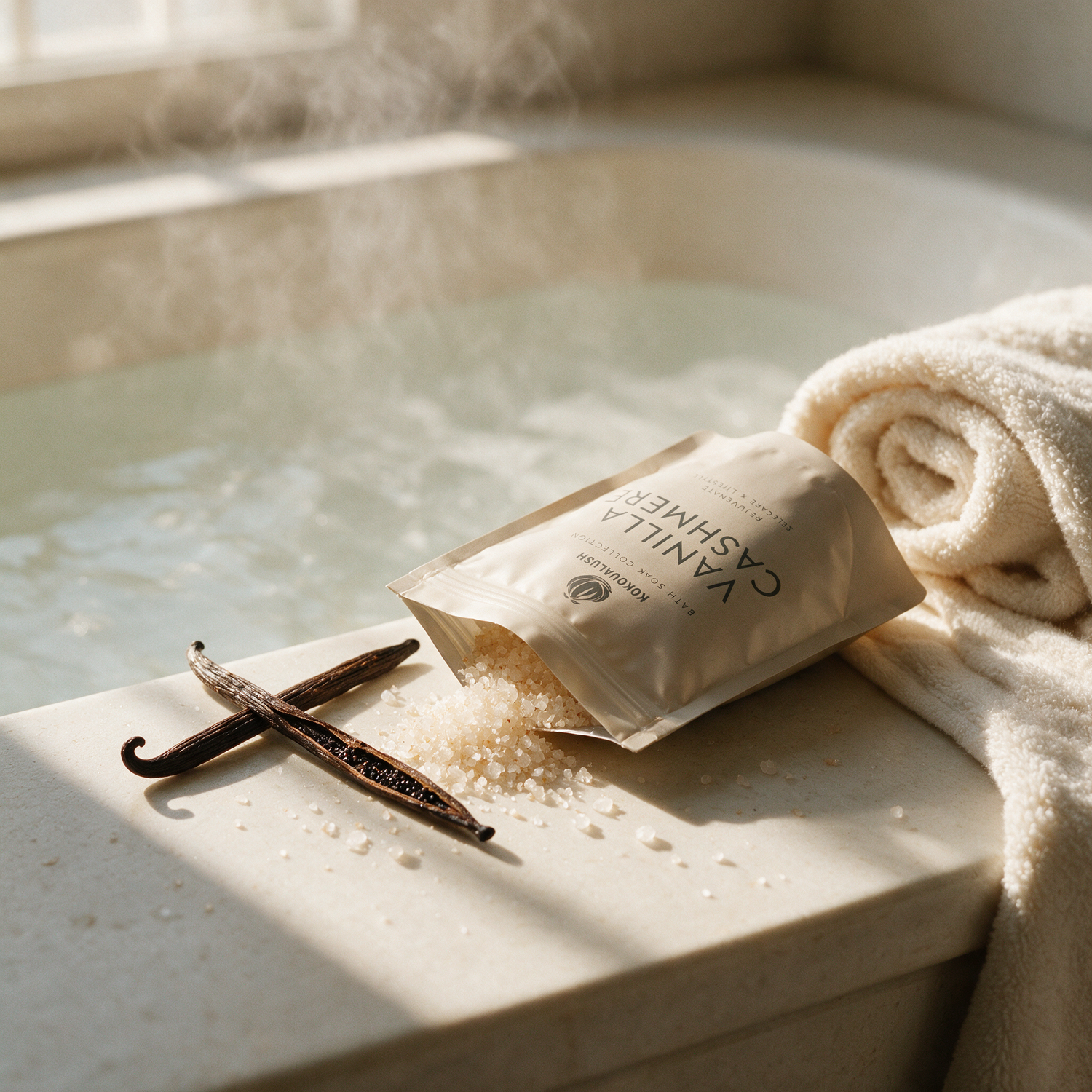 Pouring Kokoualush Vanilla Cashmere bath soak into a warm steamy bath
