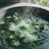 Eucalyptus floating in a warm bath with dissolving mineral salts and steam