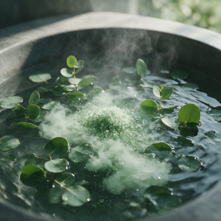 Eucalyptus floating in a warm bath with dissolving mineral salts and steam