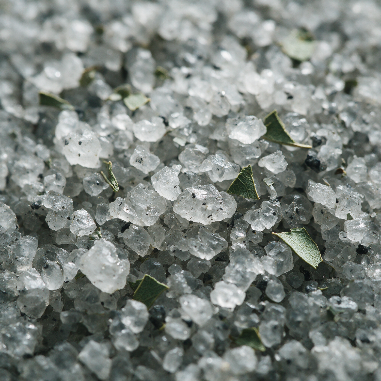 Macro of grey mineral bath salts with charcoal flecks and eucalyptus