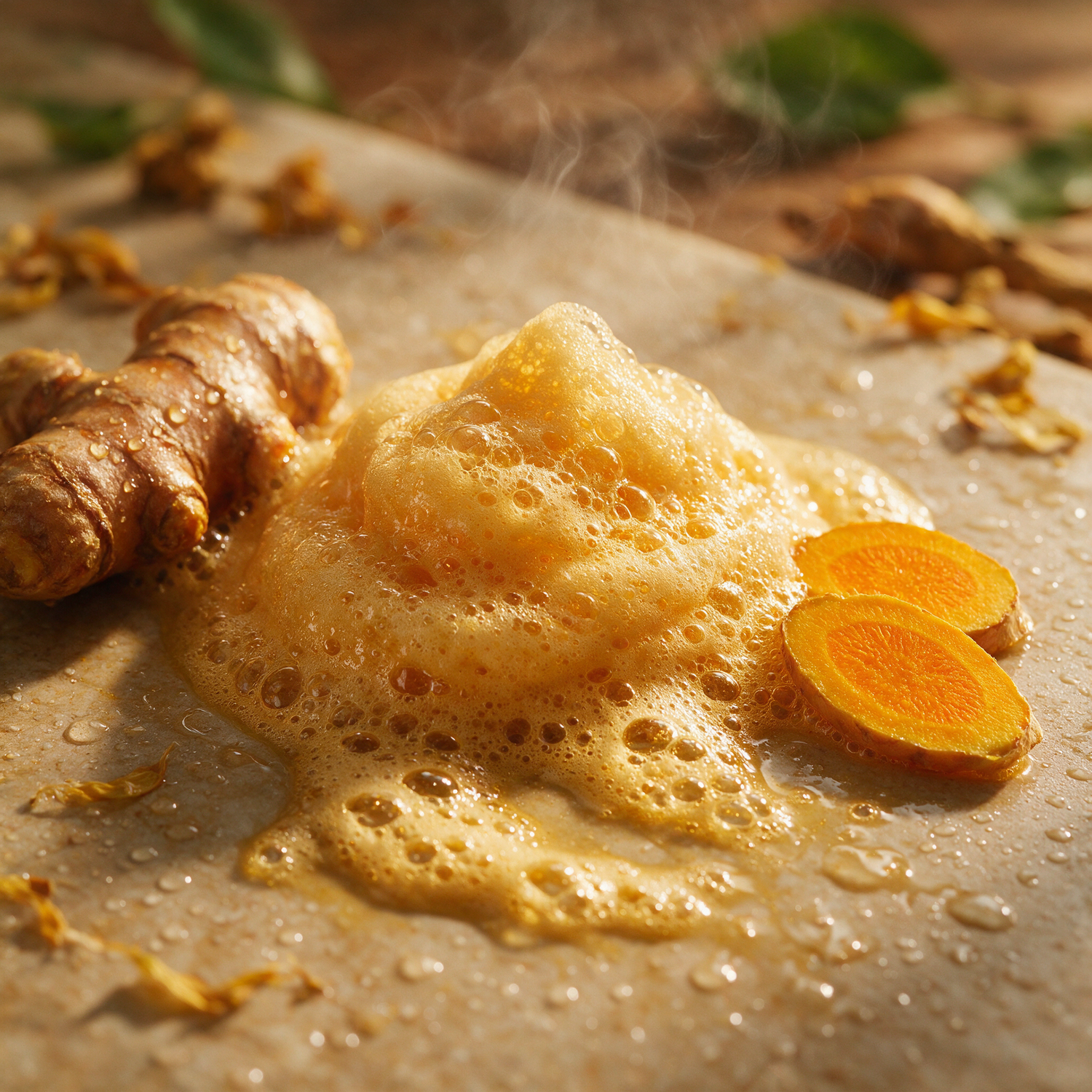 Rich golden turmeric soap lather with frothy bubbles and water droplets