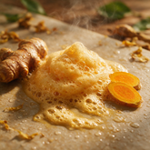 Rich golden turmeric soap lather with frothy bubbles and water droplets