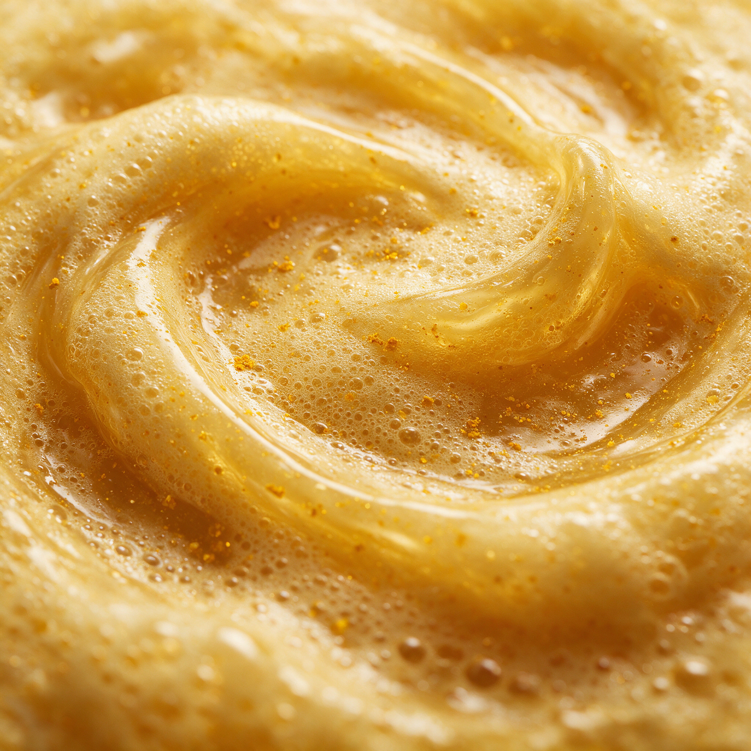 Macro of golden turmeric liquid soap swirling into froth