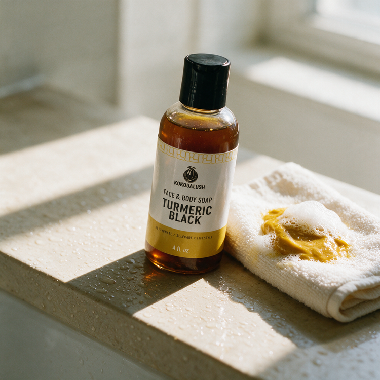 Kokoualush Turmeric Black soap bottle beside a washcloth with golden lather