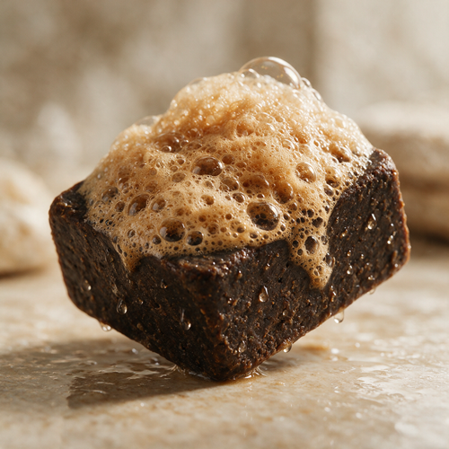 Rich caramel lather foaming over a wet African black soap surface