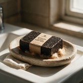 Kokoualush African black soap bar wet on a stone soap dish with lather