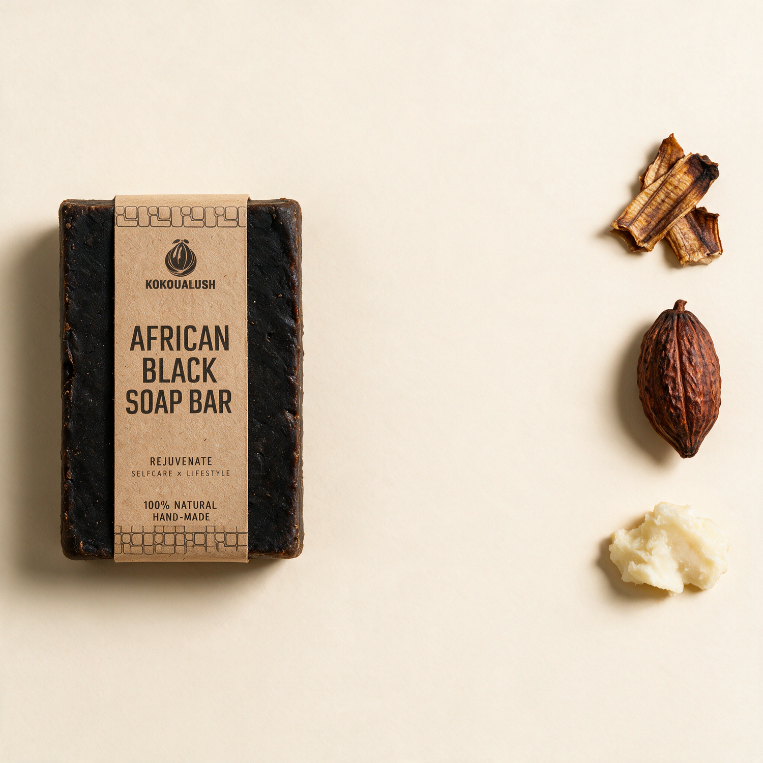 Kokoualush African black soap ingredients plantain, cocoa pod and shea butter