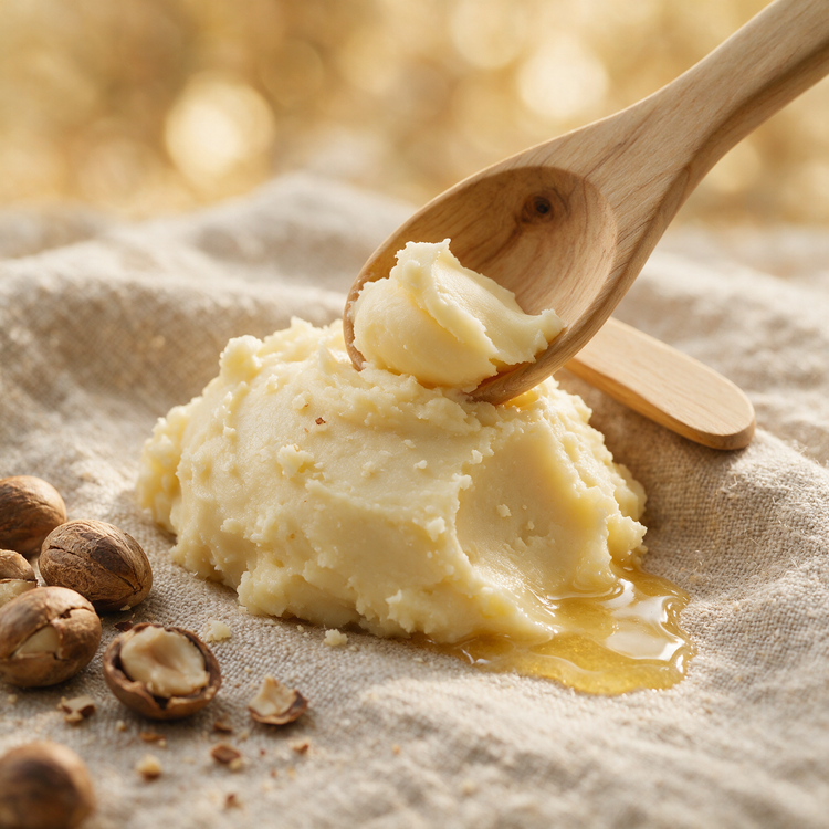 Wooden scoop lifting a curl of raw shea butter melting into a golden pool