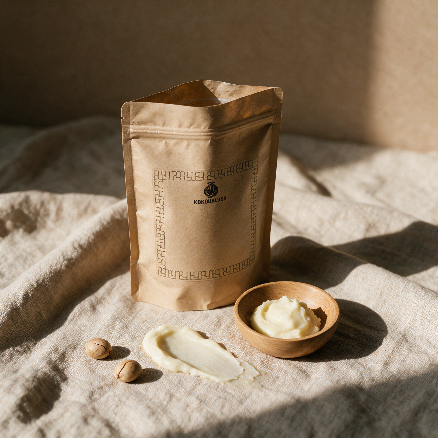 Kokoualush 1kg raw shea butter open with a bowl and scoop of shea