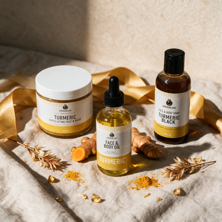 Kokoualush Turmeric Trio gift set styled with ribbon and turmeric root