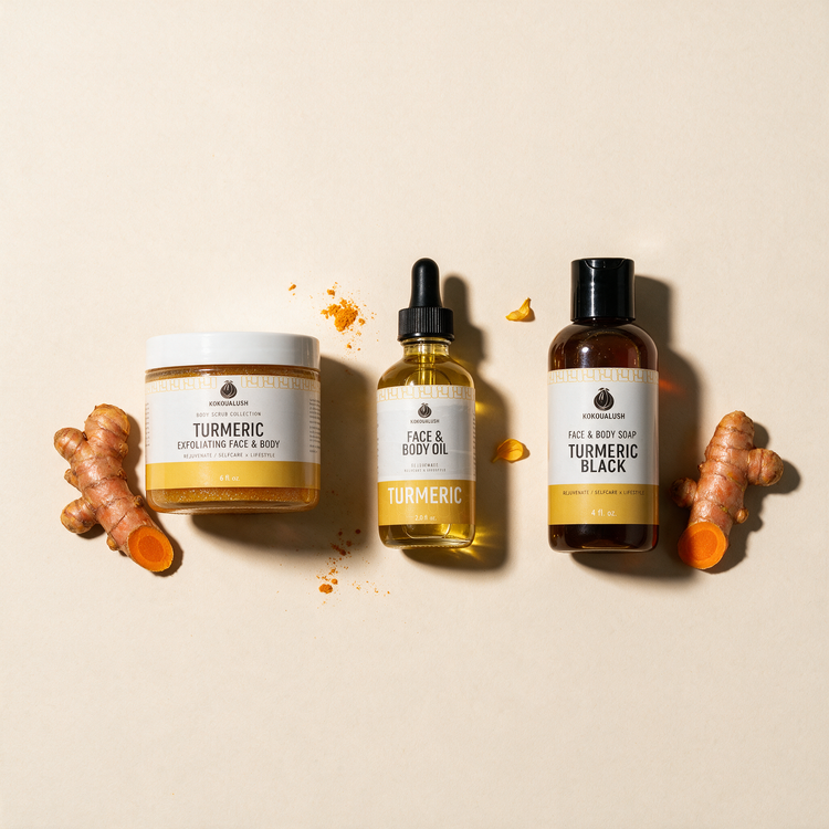Turmeric Trio contents: scrub, face and body oil, and Turmeric Black soap