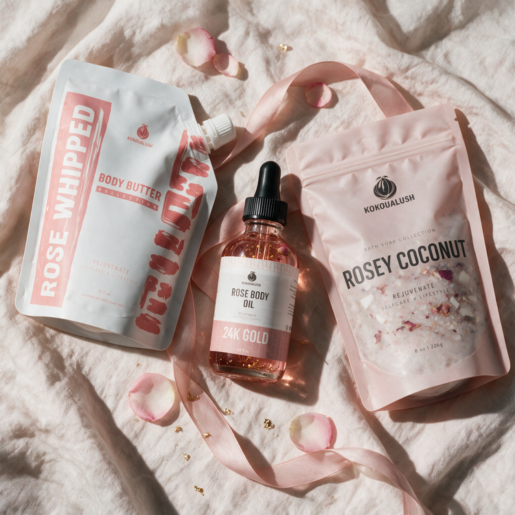 Kokoualush Rose Trio gift set styled with rose petals and ribbon