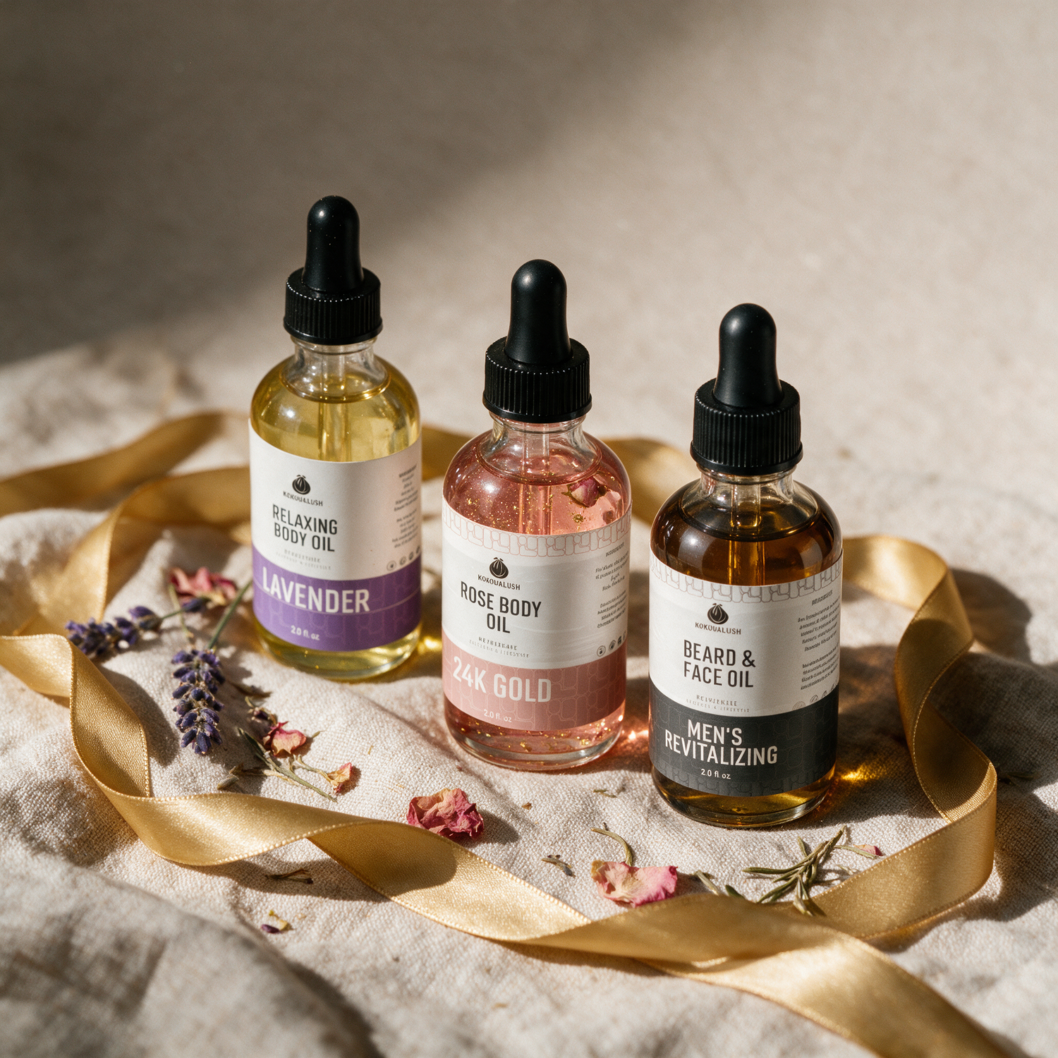 Kokoualush Body Oil Trio gift set styled with botanicals and ribbon