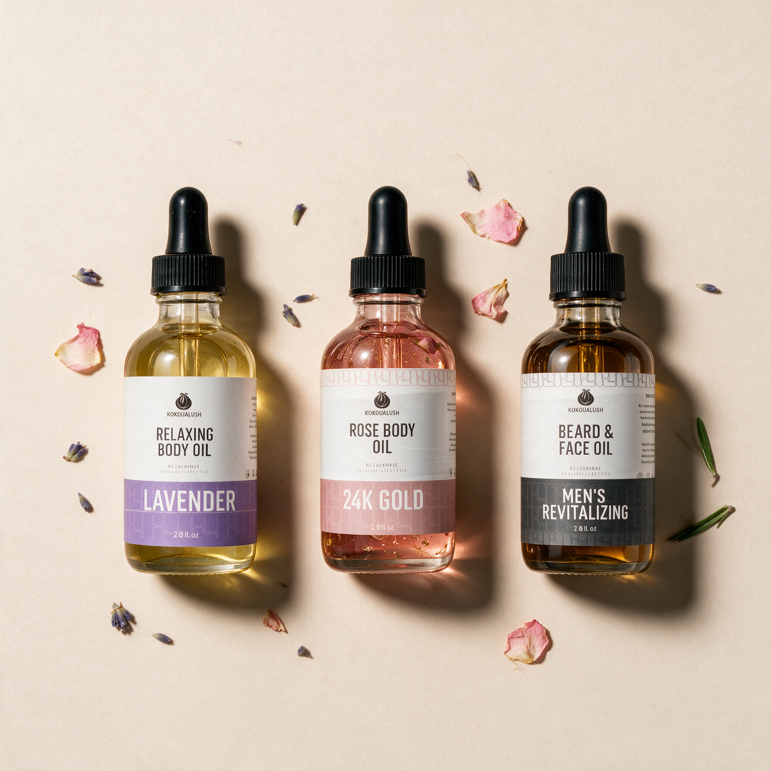 Body Oil Trio contents: Lavender, Rose 24K Gold and Men&
