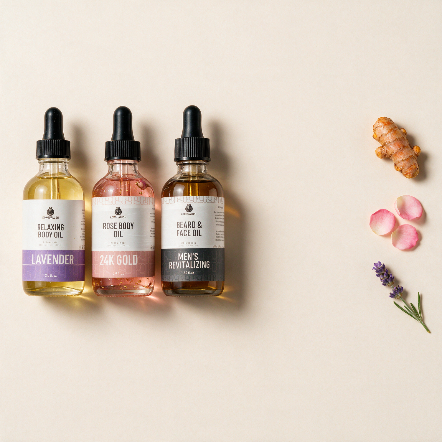 Body Oil Trio botanicals turmeric, rose and lavender