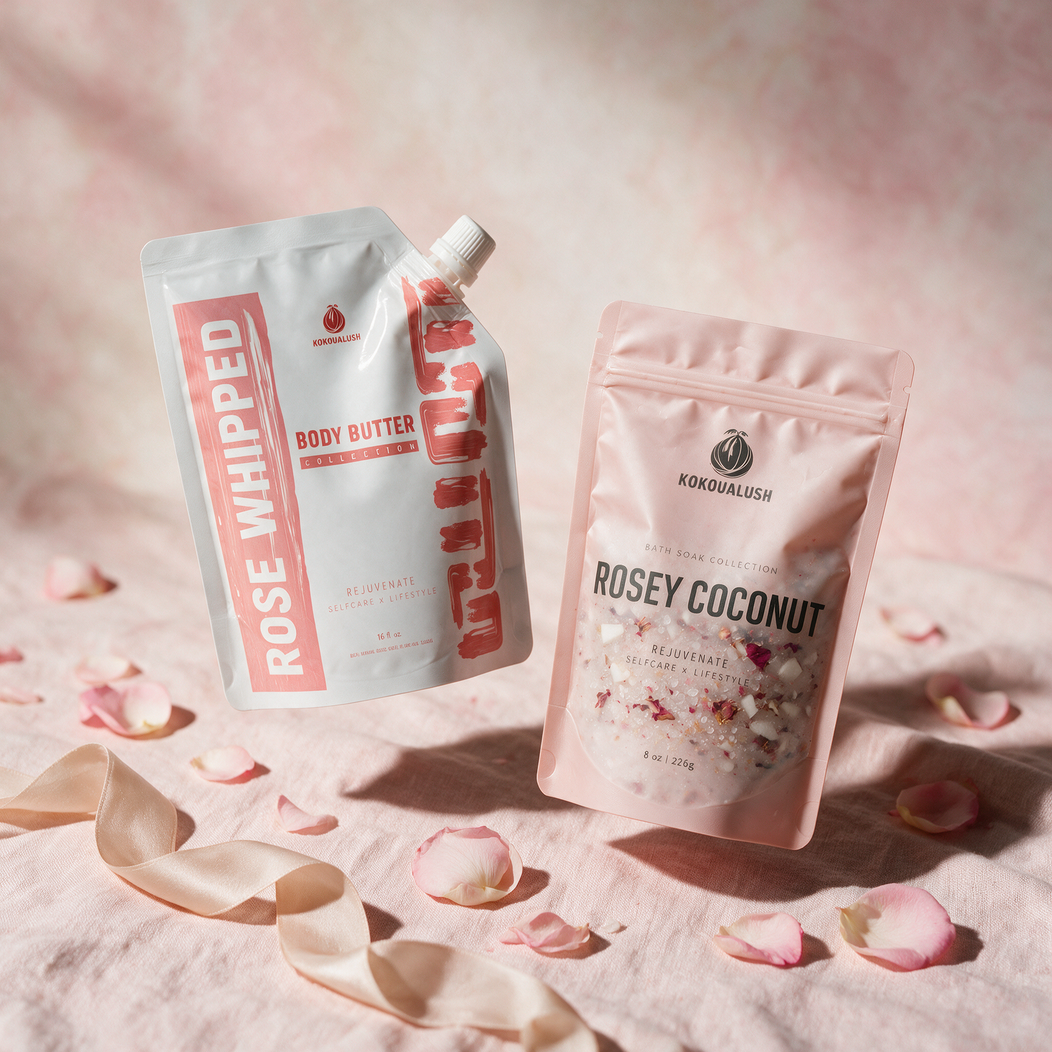 Kokoualush Rose Bundle gift set styled with rose petals and ribbon