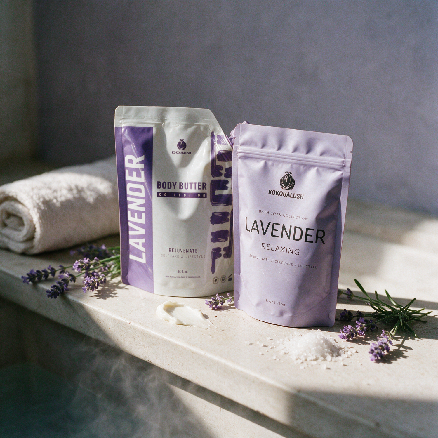 Lavender Duo soak-then-moisturise bedtime ritual on a stone ledge