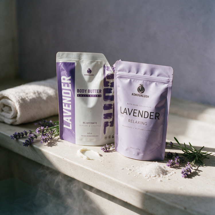 Lavender Duo soak-then-moisturise bedtime ritual on a stone ledge