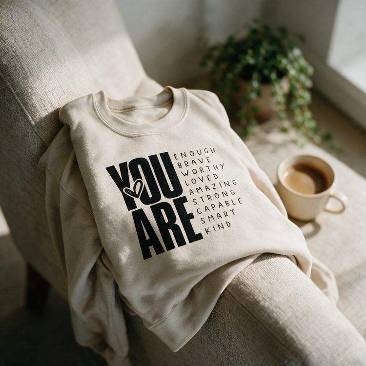 You Are Enough sand crewneck draped over a linen armchair in warm light