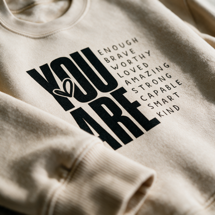 Macro of the sand crewneck fleece and You Are Enough print detail