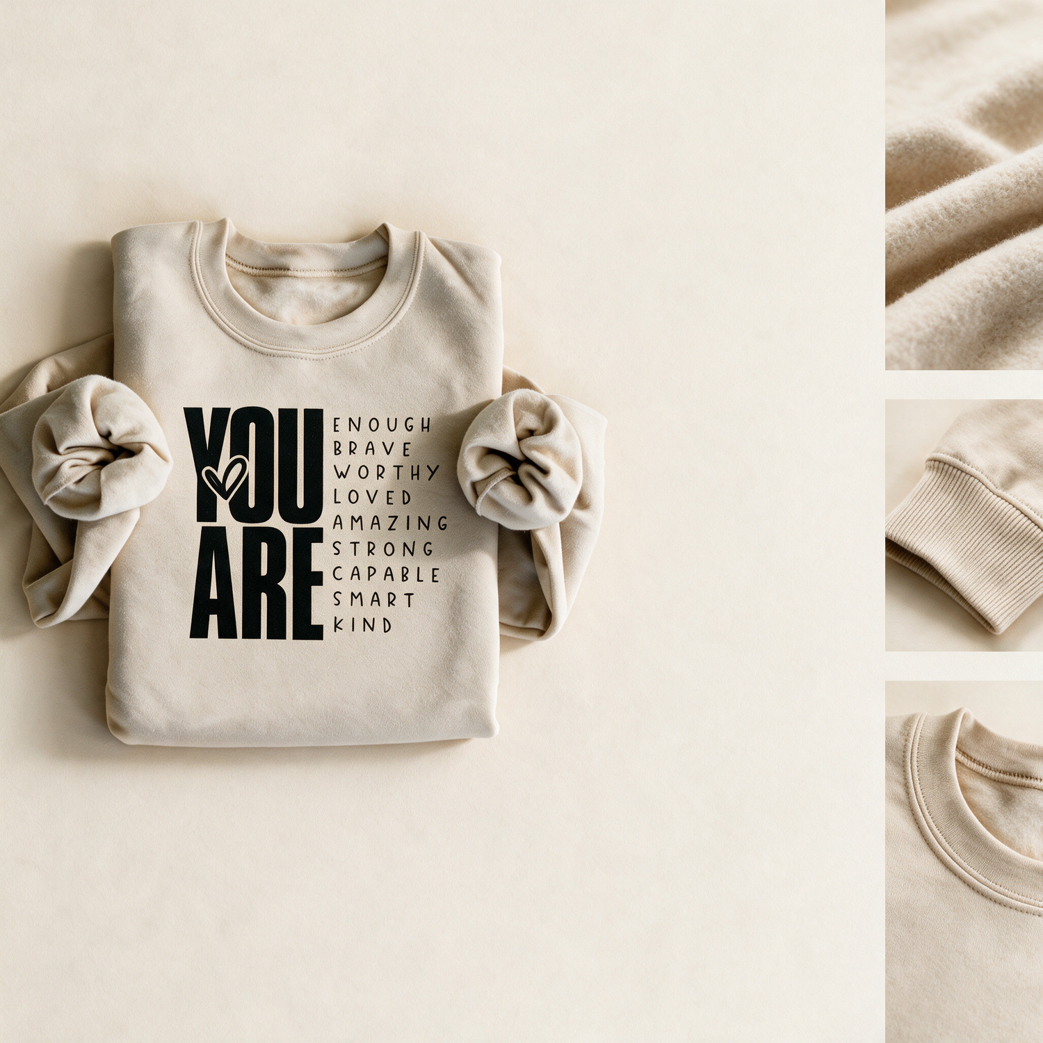 Sand crewneck with fabric, cuff and neckline detail vignettes