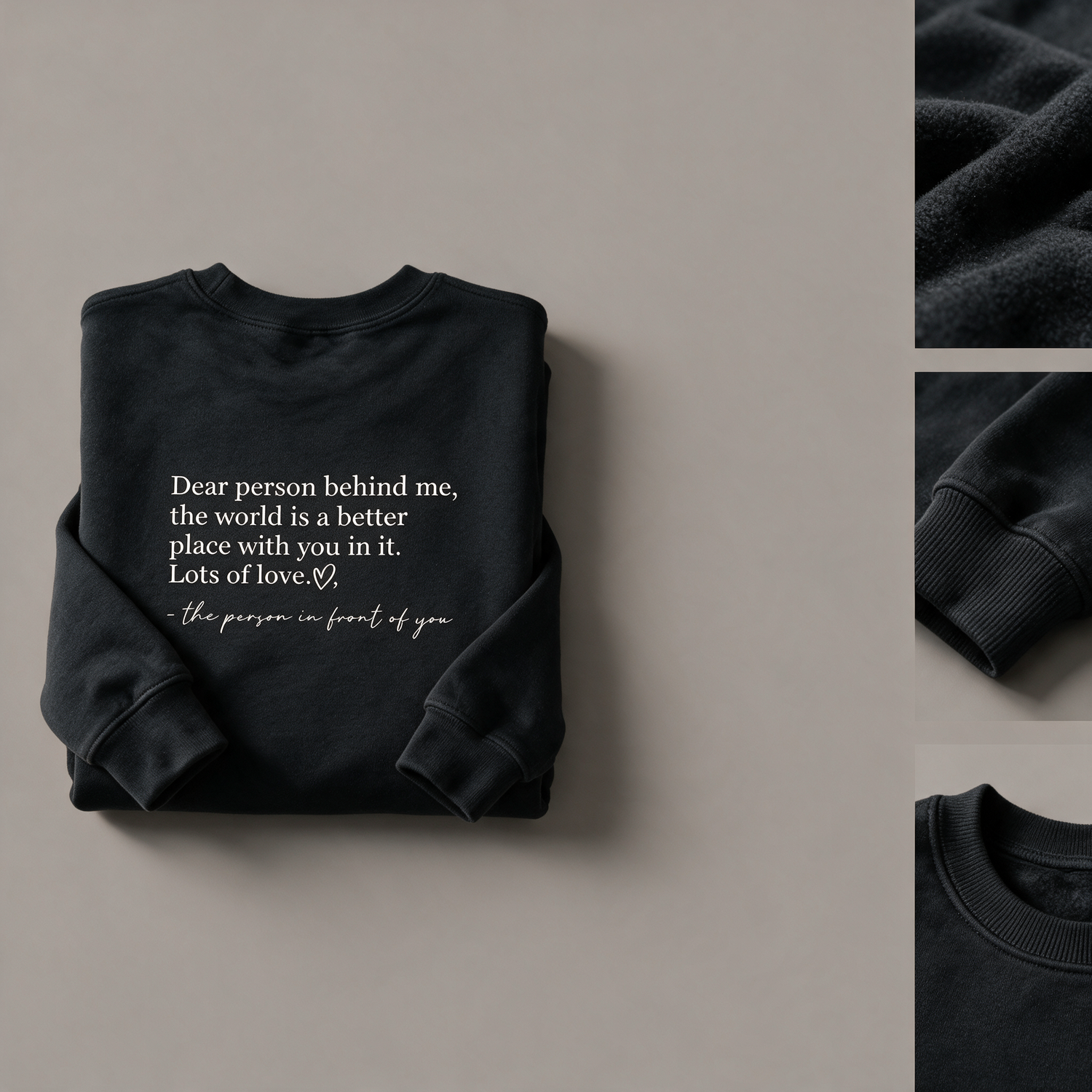 Black crewneck with fabric, cuff and neckline detail vignettes