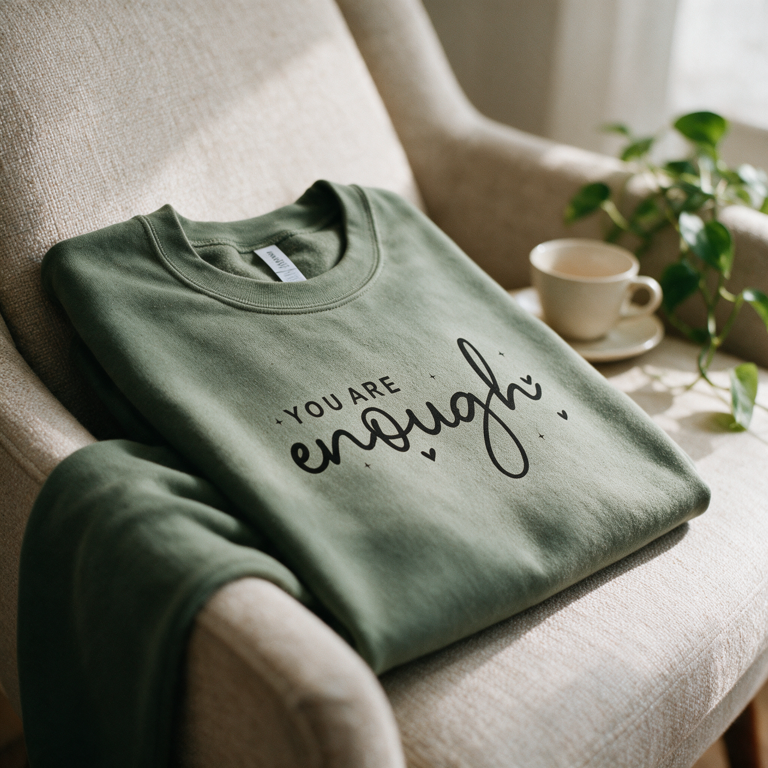 You Are Enough sage crewneck draped over a chair in warm light