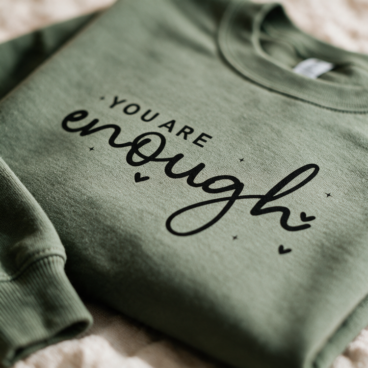 Macro of the sage crewneck fleece and You Are Enough print detail