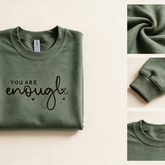 Sage crewneck with fabric, cuff and neckline detail vignettes