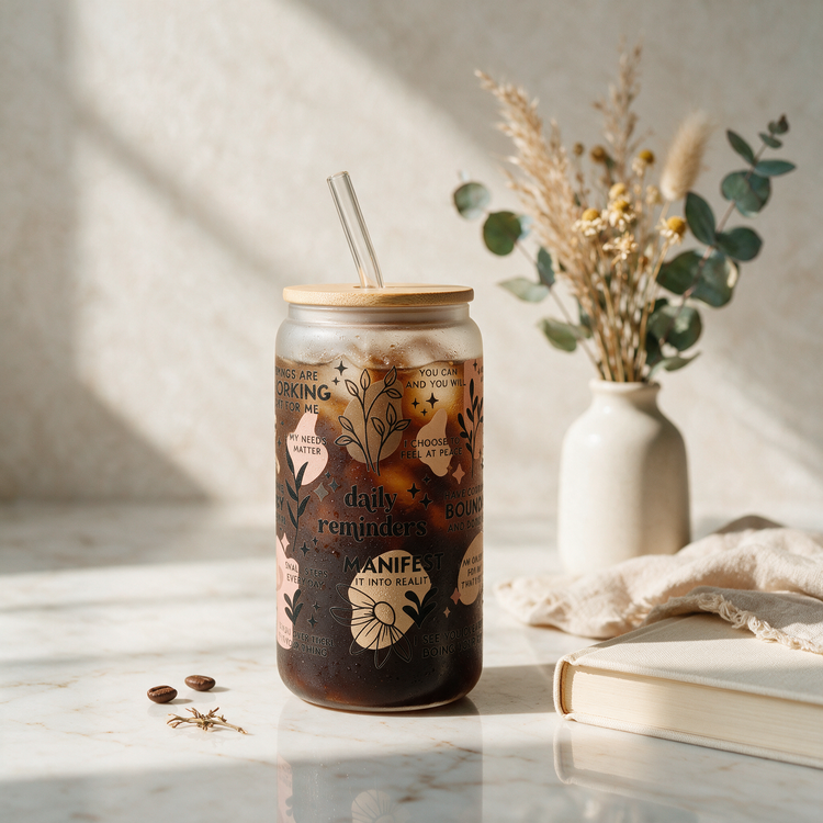 Selfcare glass with iced coffee styled on a marble counter in morning light
