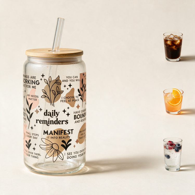 Selfcare glass with drink pairing ideas iced coffee, cocktail and sparkling water