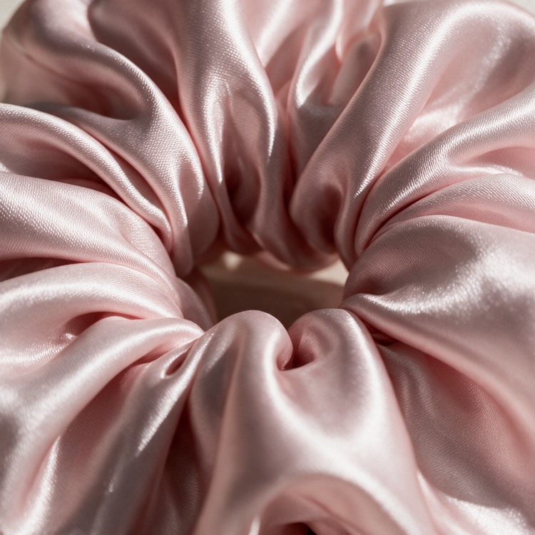 Macro of the lustrous blush pink silk scrunchie fabric