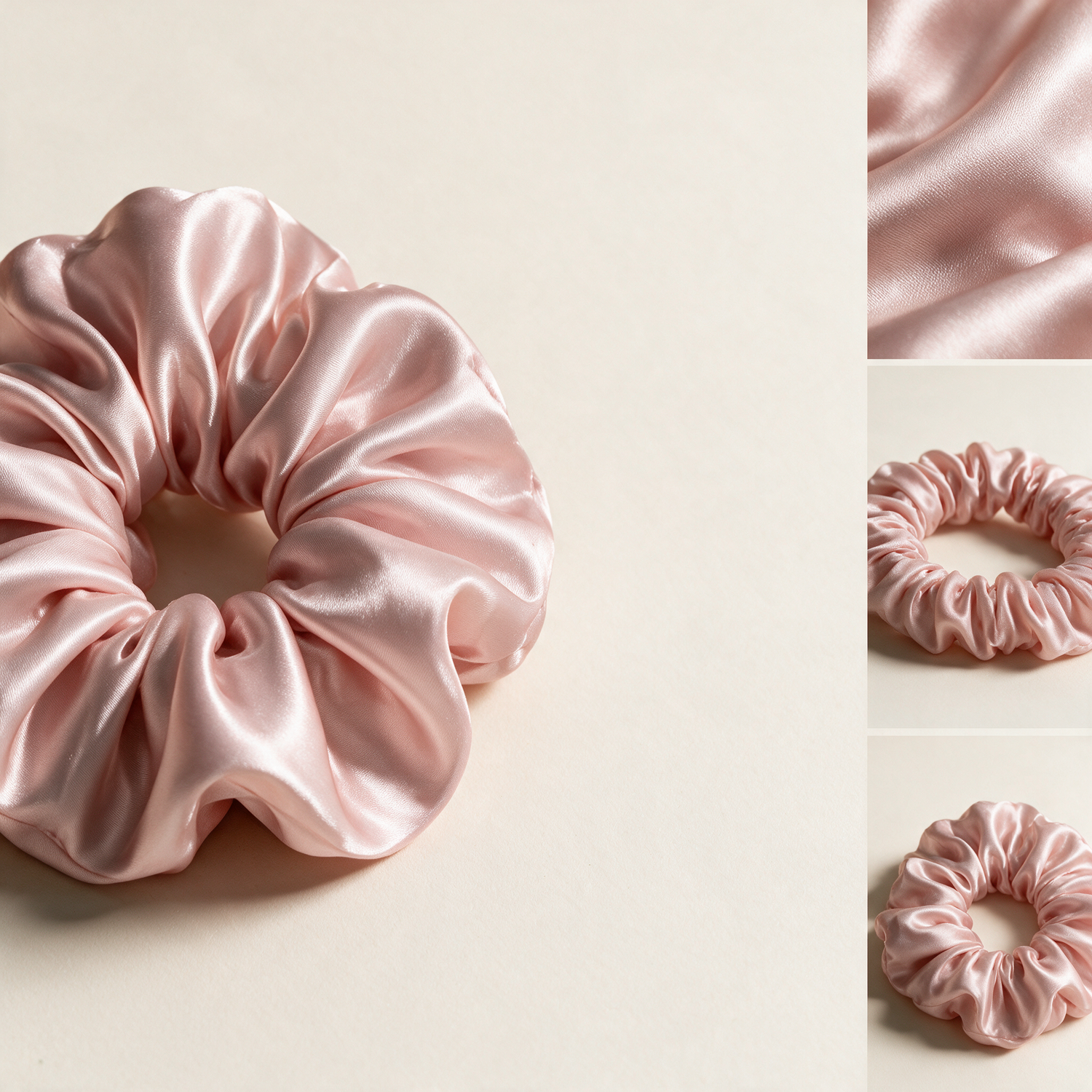 Blush pink silk scrunchie with silk weave and elastic detail vignettes