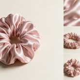 Blush pink silk scrunchie with silk weave and elastic detail vignettes