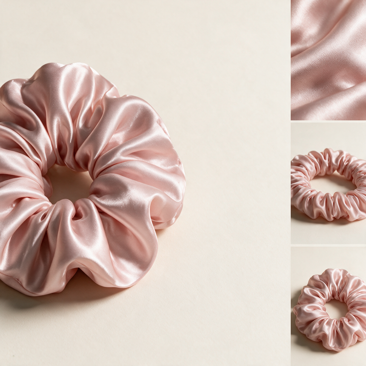 Blush pink silk scrunchie with silk weave and elastic detail vignettes