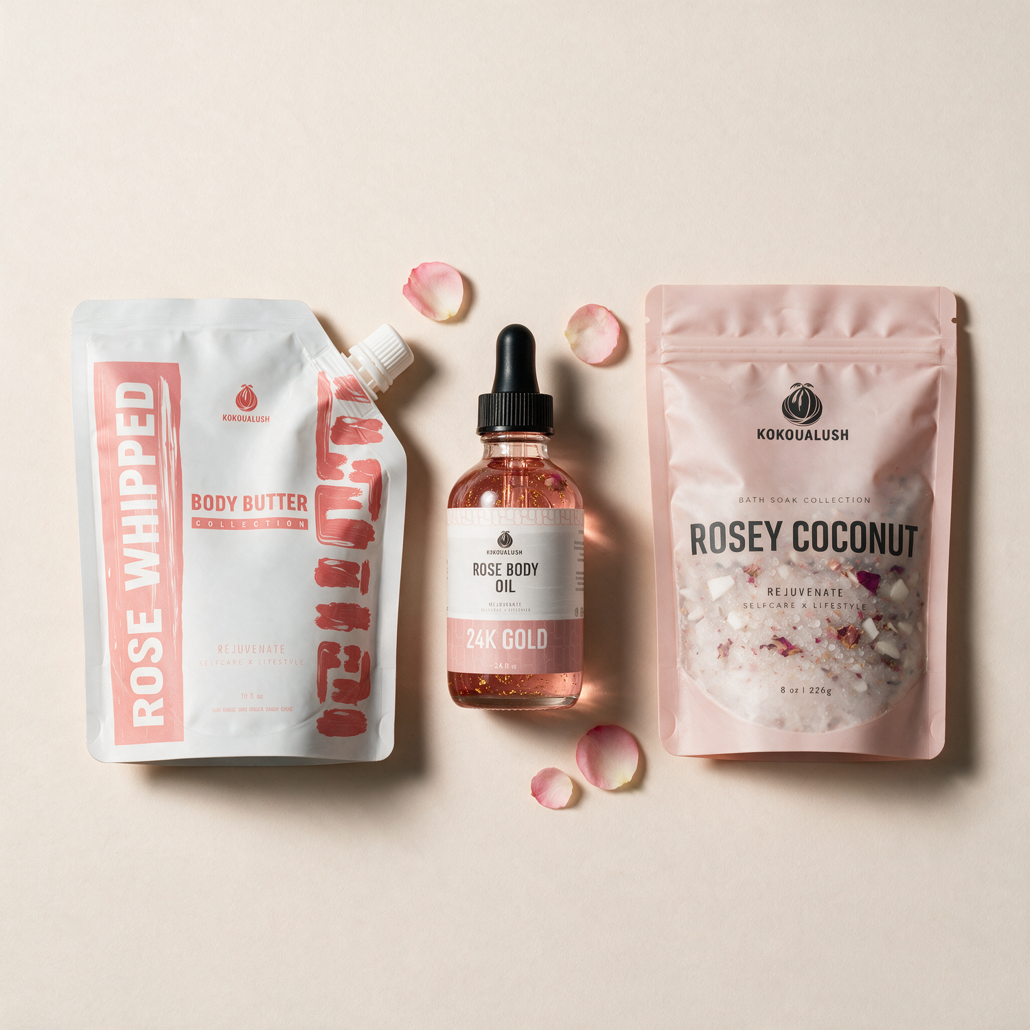 Rose Trio contents: Rose Whipped butter, Rose 24K Gold oil, Rosey Coconut soak